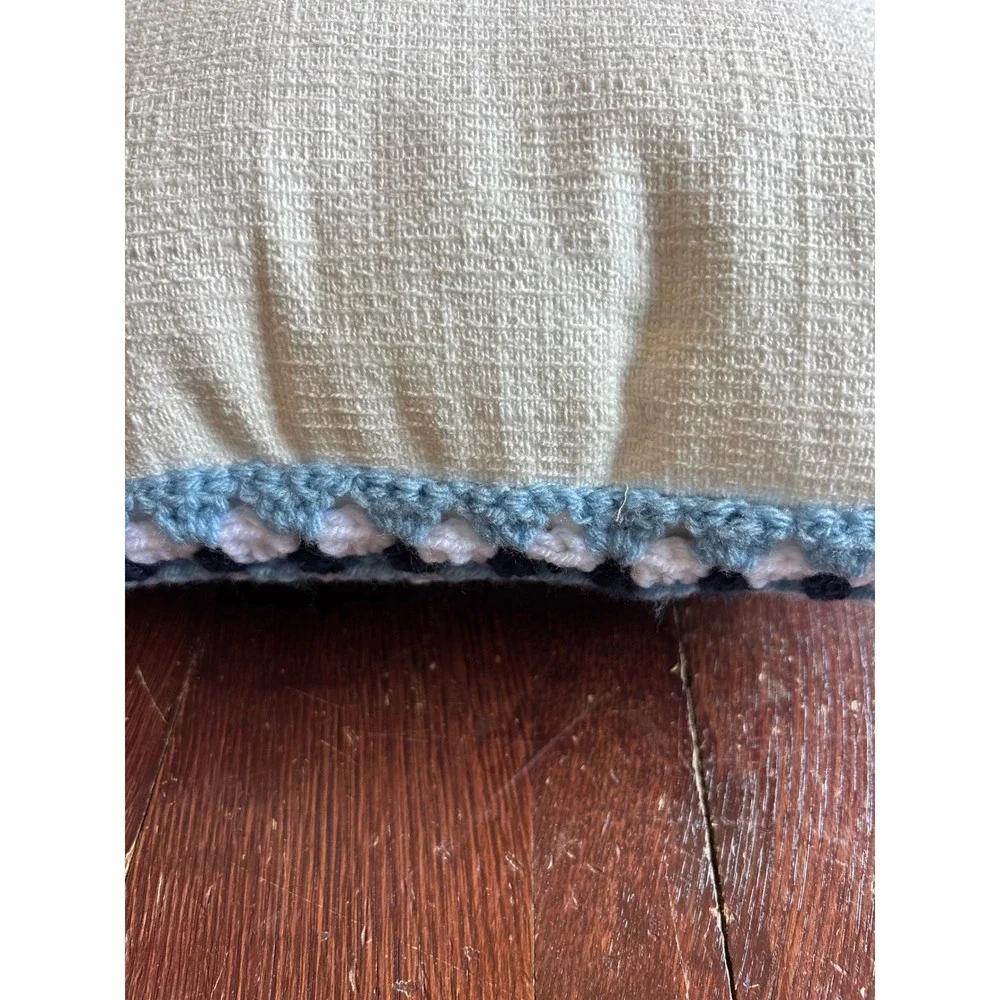 Handmade Crochet Granny Square‎ Throw Pillow Blue White 14x14 Decorative Cushion